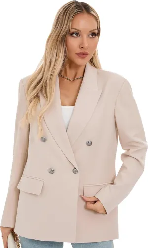 Women's Oversized Blazer Jacket Double-Breasted Suit with Pockets Long Sleeve Outfit for Business Work Office Casual