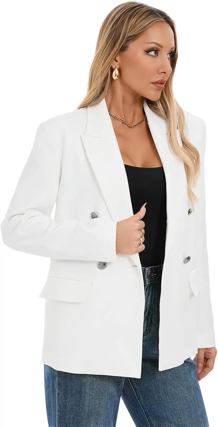 Women's Oversized Blazer Jacket Double-Breasted Suit with Pockets Long Sleeve Outfit for Business Work Office Casual