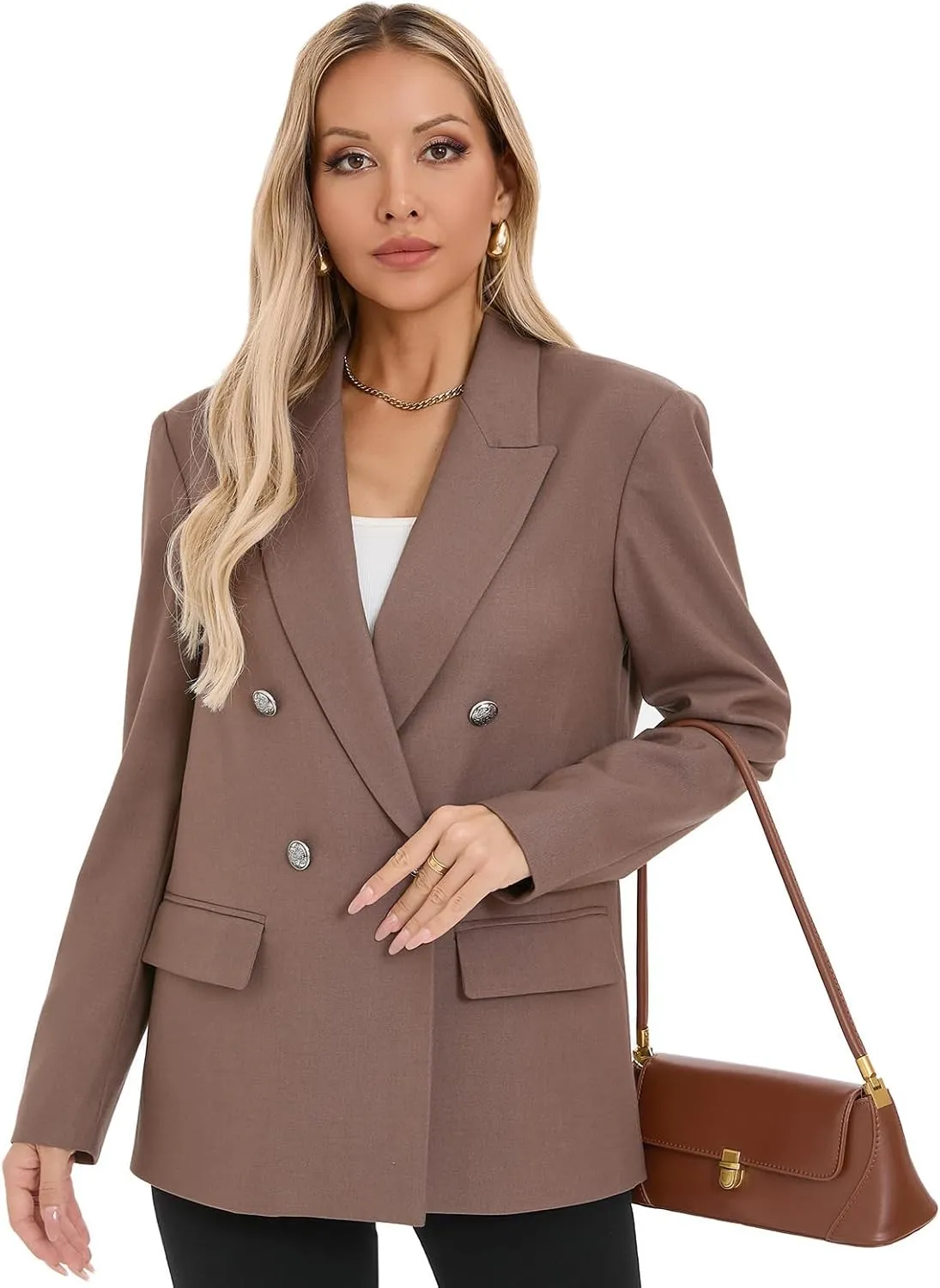 Women's Oversized Blazer Jacket Double-Breasted Suit with Pockets Long Sleeve Outfit for Business Work Office Casual