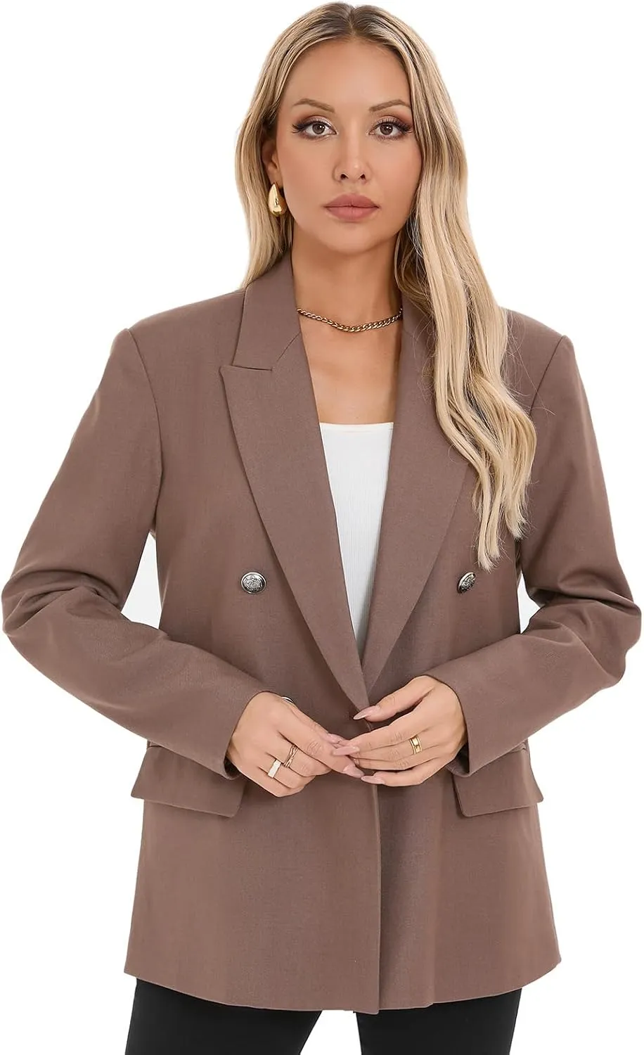 Women's Oversized Blazer Jacket Double-Breasted Suit with Pockets Long Sleeve Outfit for Business Work Office Casual