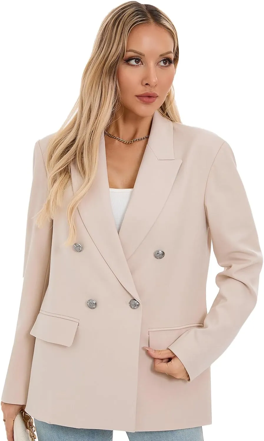 Women's Oversized Blazer Jacket Double-Breasted Suit with Pockets Long Sleeve Outfit for Business Work Office Casual