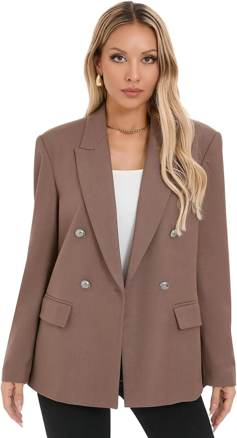 Women's Oversized Blazer Jacket Double-Breasted Suit with Pockets Long Sleeve Outfit for Business Work Office Casual