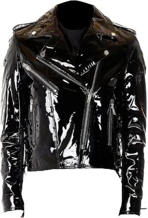 Womens PVC Leather Jacket Shiny Stylish Cafe Racer Style Motorcycle Biker Leather Jacket