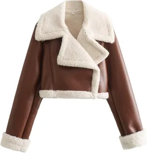 Womens Shearling Short Coats Faux Lamb Fur Leather Jacket Lapel Zipper Bomber Outwear Warm Biker Motor Aviator Coat