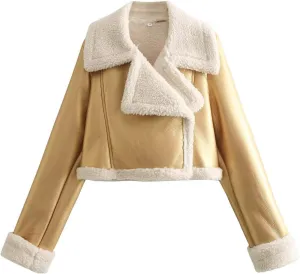 Womens Shearling Short Coats Faux Lamb Fur Leather Jacket Lapel Zipper Bomber Outwear Warm Biker Motor Aviator Coat