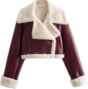 Womens Shearling Short Coats Faux Lamb Fur Leather Jacket Lapel Zipper Bomber Outwear Warm Biker Motor Aviator Coat