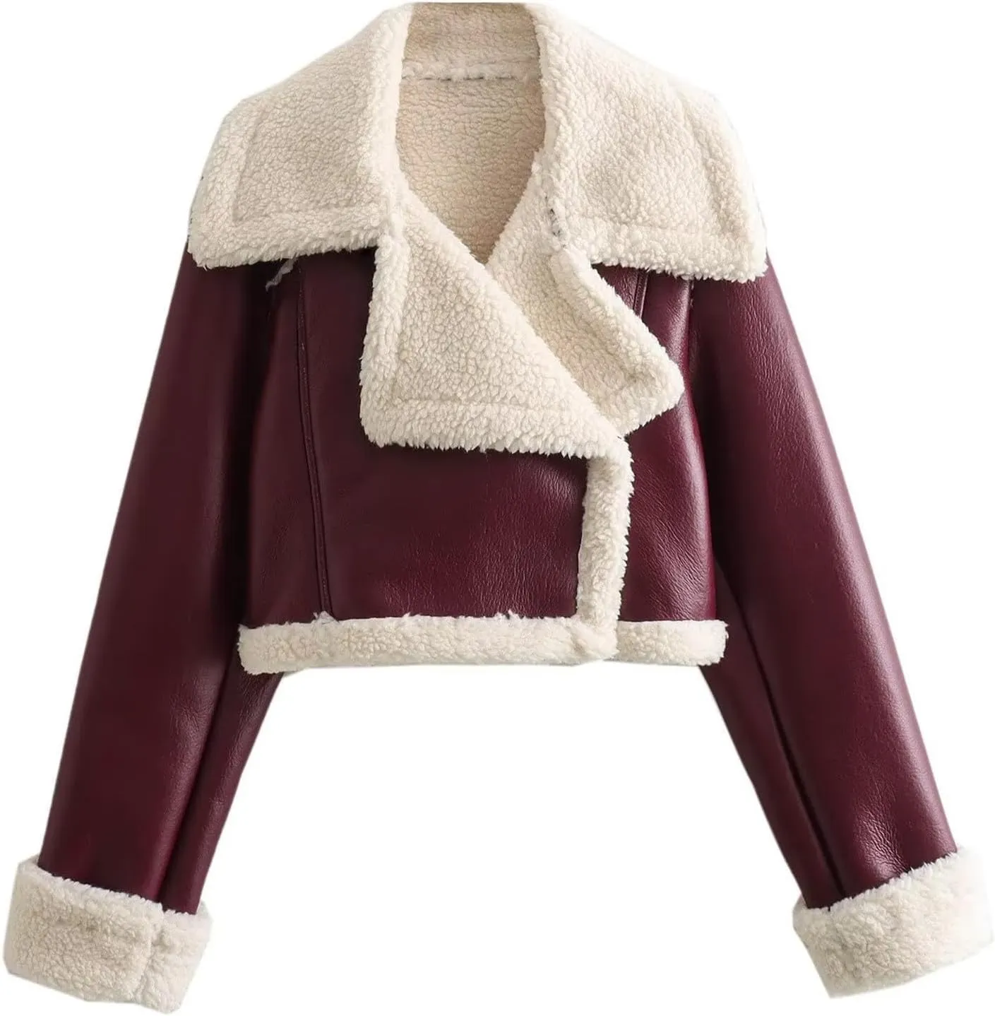 Womens Shearling Short Coats Faux Lamb Fur Leather Jacket Lapel Zipper Bomber Outwear Warm Biker Motor Aviator Coat