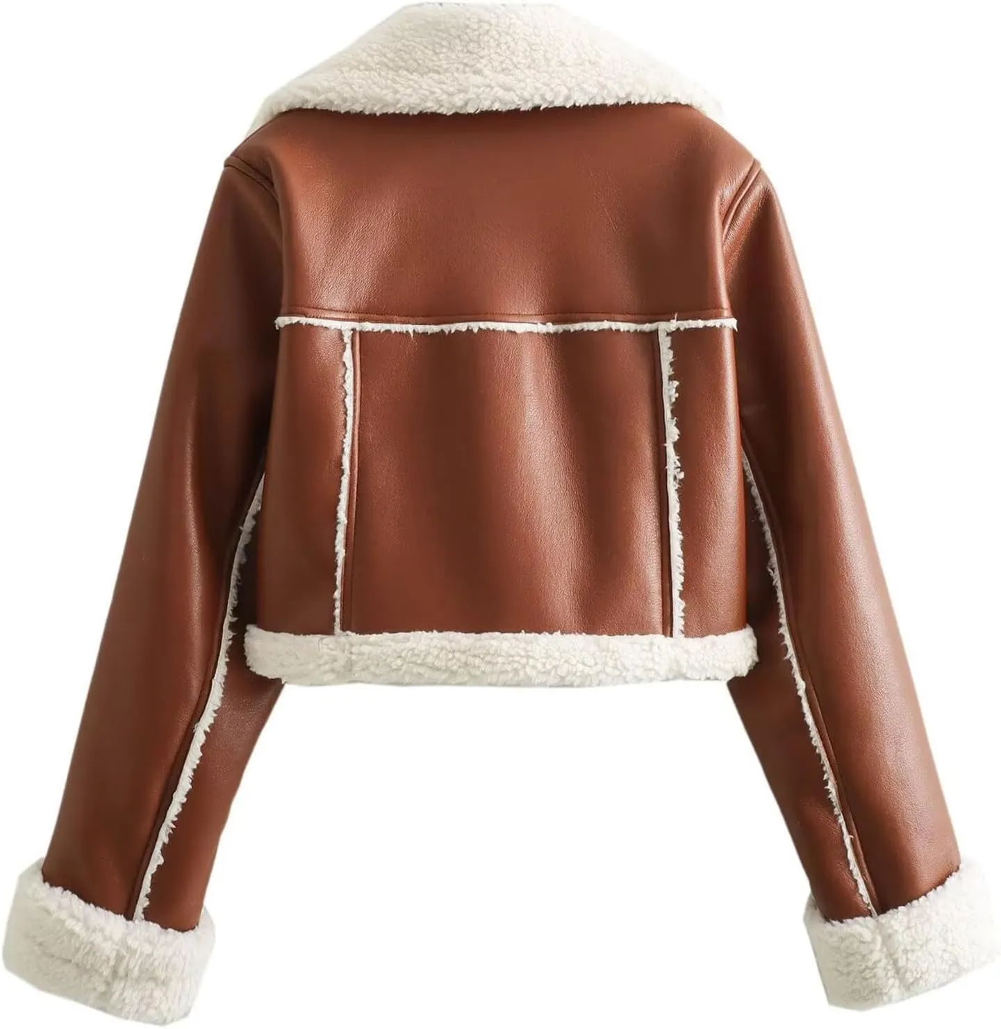 Womens Shearling Short Coats Faux Lamb Fur Leather Jacket Lapel Zipper Bomber Outwear Warm Biker Motor Aviator Coat