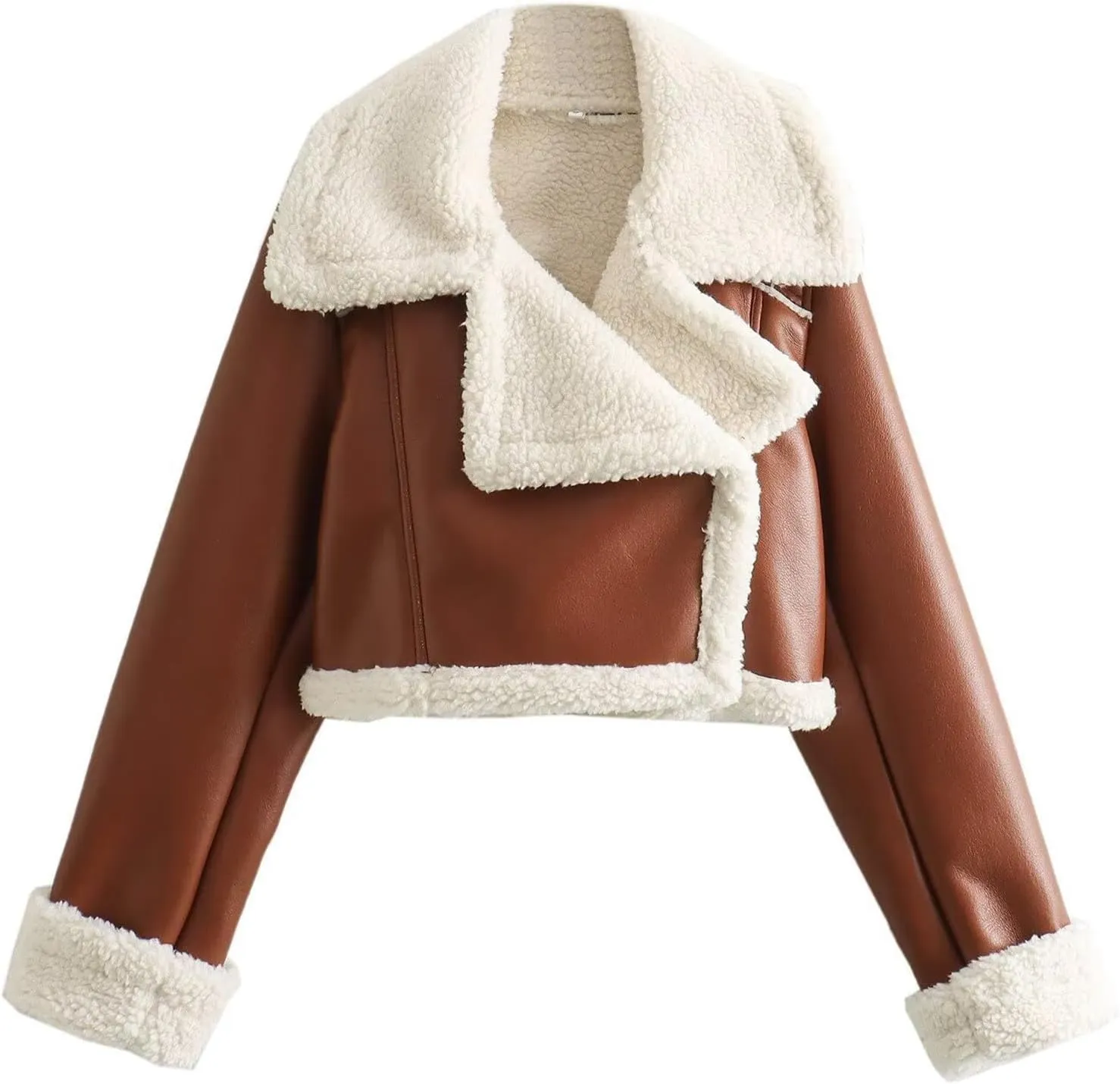 Womens Shearling Short Coats Faux Lamb Fur Leather Jacket Lapel Zipper Bomber Outwear Warm Biker Motor Aviator Coat