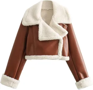 Womens Shearling Short Coats Faux Lamb Fur Leather Jacket Lapel Zipper Bomber Outwear Warm Biker Motor Aviator Coat