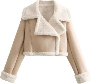 Womens Shearling Short Coats Faux Lamb Fur Leather Jacket Lapel Zipper Bomber Outwear Warm Biker Motor Aviator Coat