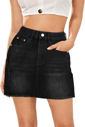 Women's Skorts Mid Waist Zipper Edgy Retro Raw Cut Hem Mini Denim Jean Skirt