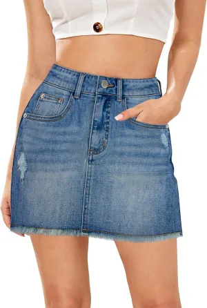 Women's Skorts Mid Waist Zipper Edgy Retro Raw Cut Hem Mini Denim Jean Skirt