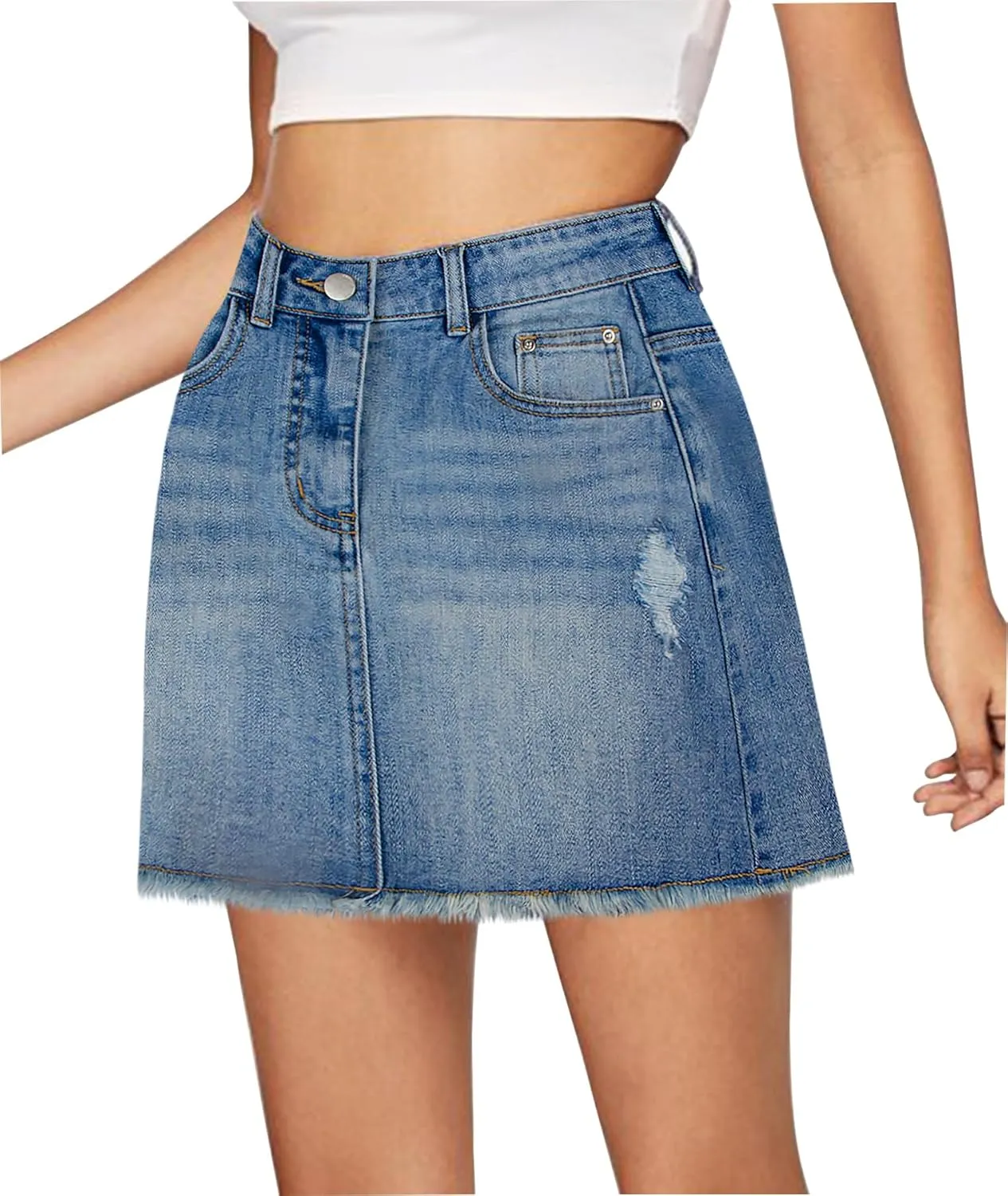 Women's Skorts Mid Waist Zipper Edgy Retro Raw Cut Hem Mini Denim Jean Skirt