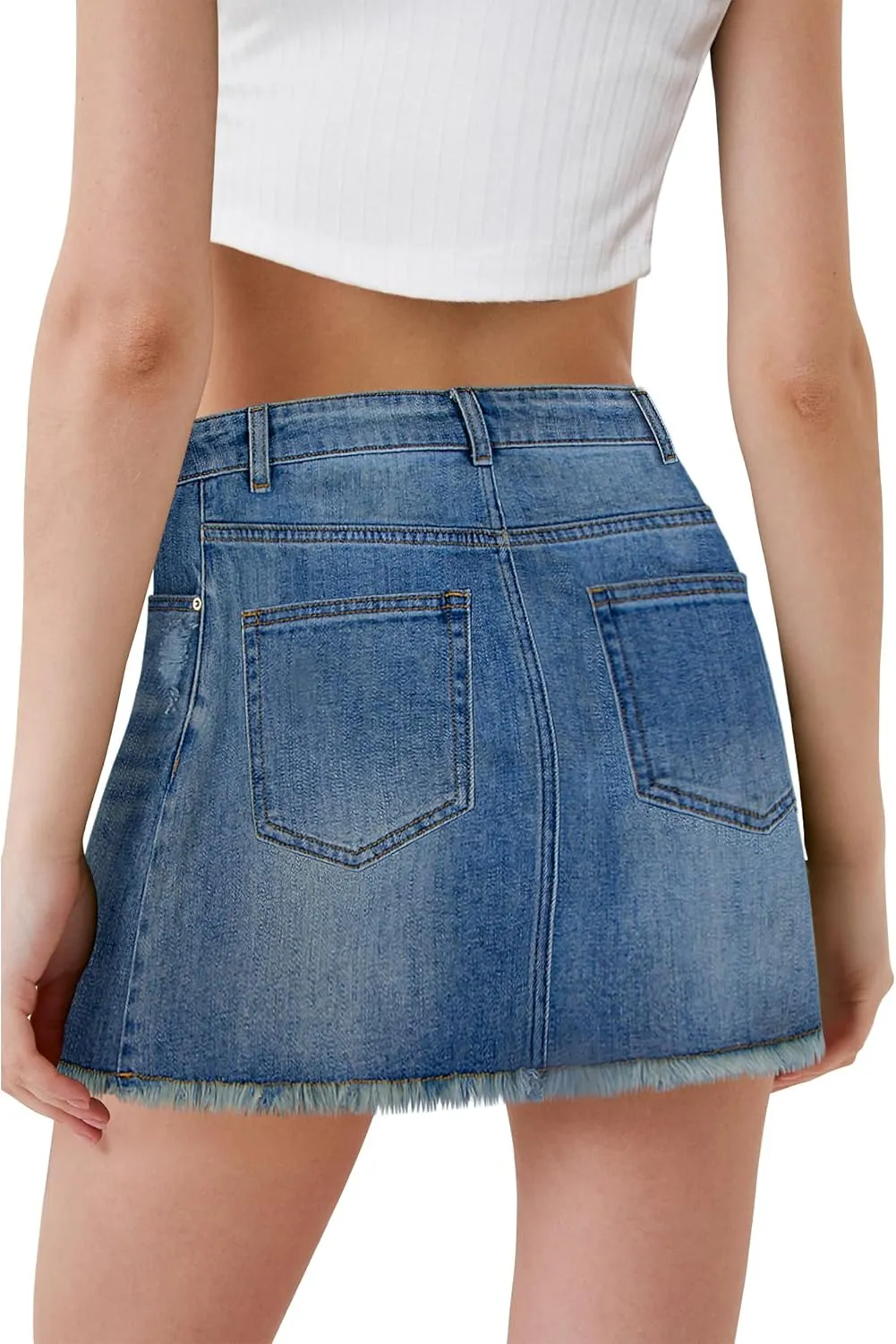 Women's Skorts Mid Waist Zipper Edgy Retro Raw Cut Hem Mini Denim Jean Skirt