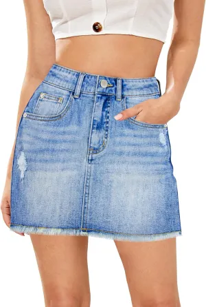Women's Skorts Mid Waist Zipper Edgy Retro Raw Cut Hem Mini Denim Jean Skirt