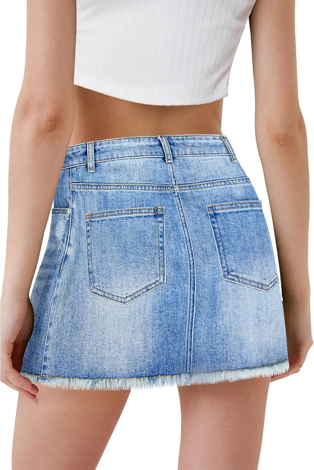 Women's Skorts Mid Waist Zipper Edgy Retro Raw Cut Hem Mini Denim Jean Skirt