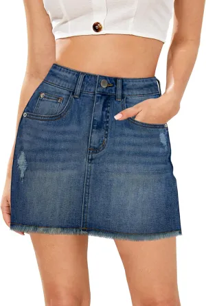 Women's Skorts Mid Waist Zipper Edgy Retro Raw Cut Hem Mini Denim Jean Skirt