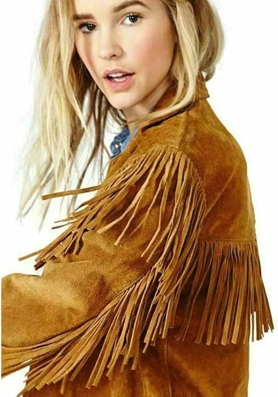 Women's Traditional Cowgirls Western Suede Leather Jacket with Fringes Native American Coat with Beads