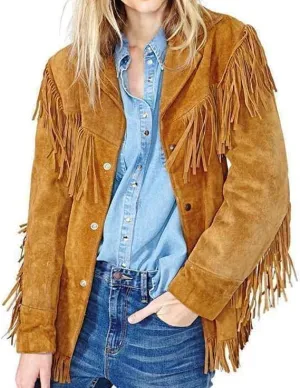 Women's Traditional Cowgirls Western Suede Leather Jacket with Fringes Native American Coat with Beads