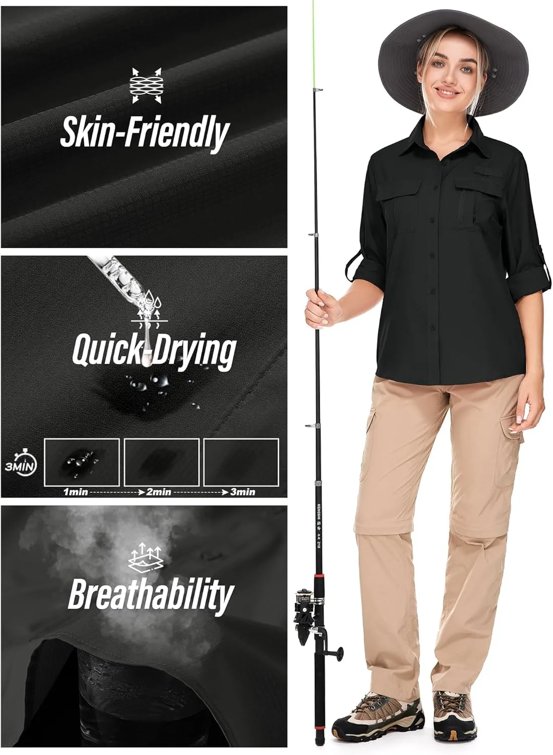 Women's UPF 50 Long Sleeve UV Sun Protection Safari Shirts Outdoor Quick Dry Fishing Hiking Travel Shirts