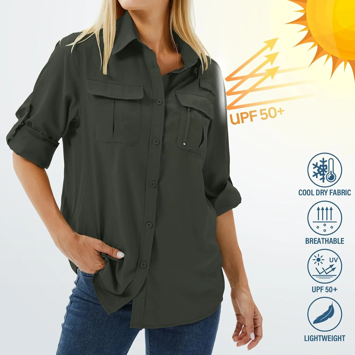 Women's UPF 50 Long Sleeve UV Sun Protection Safari Shirts Outdoor Quick Dry Fishing Hiking Travel Shirts