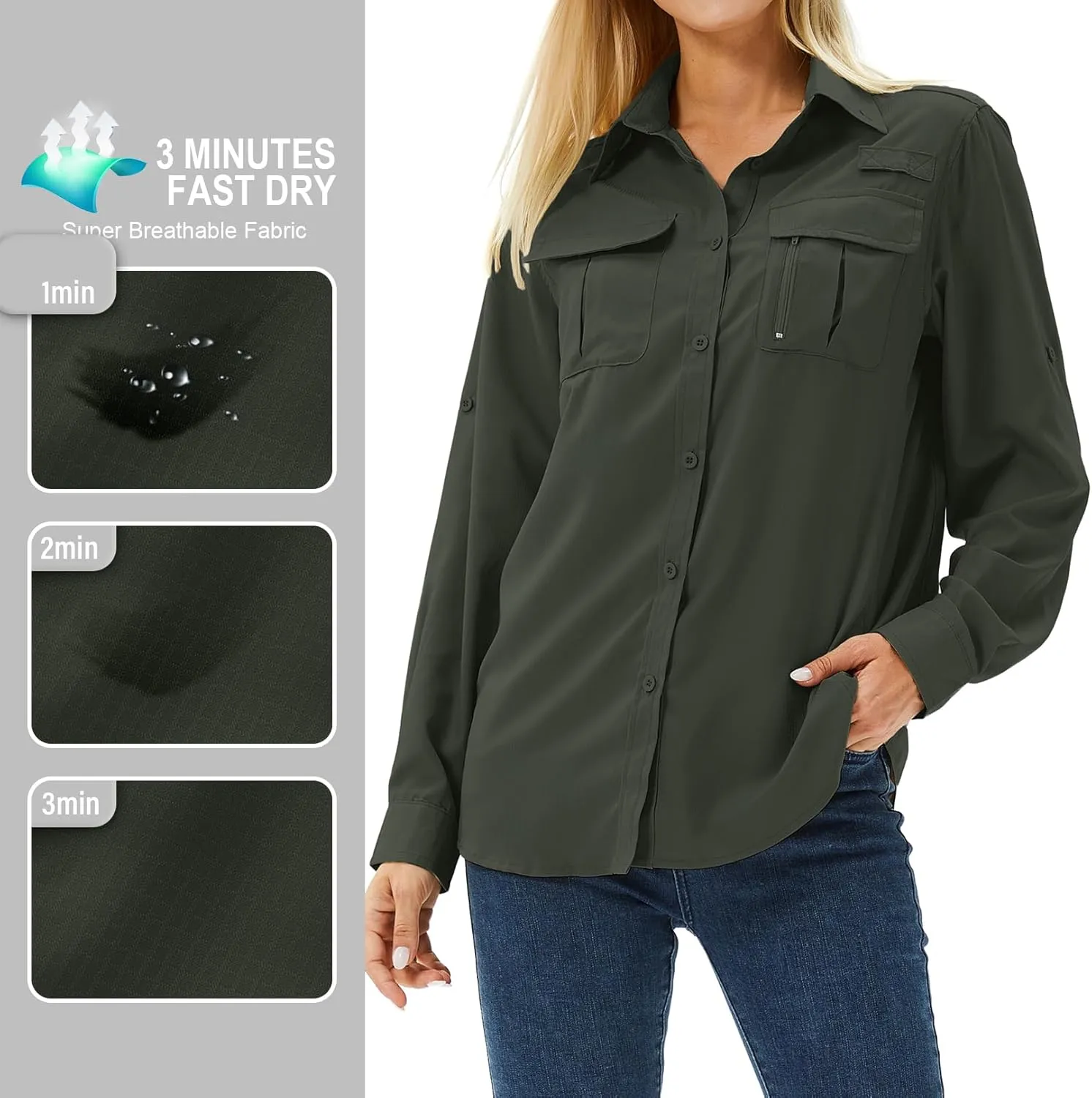 Women's UPF 50 Long Sleeve UV Sun Protection Safari Shirts Outdoor Quick Dry Fishing Hiking Travel Shirts