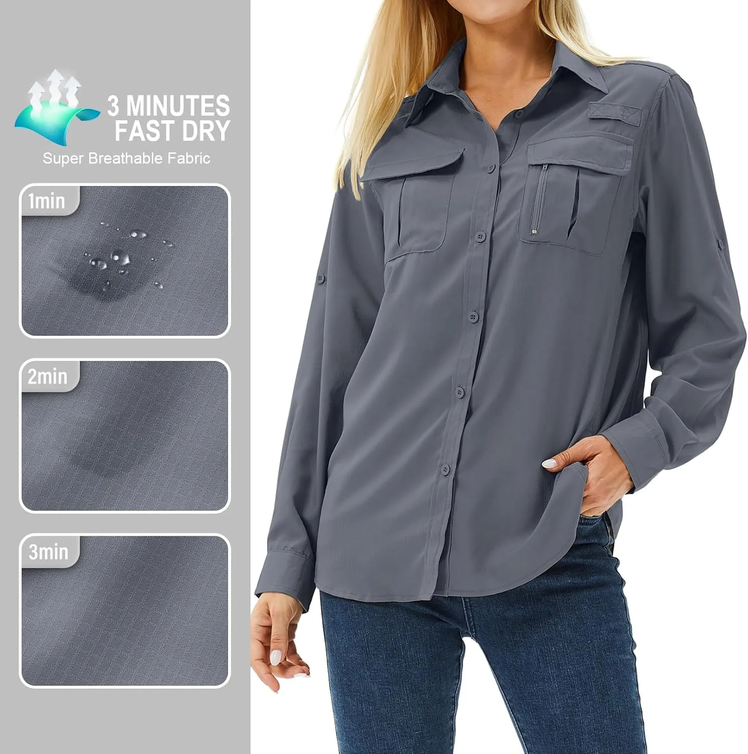 Women's UPF 50 Long Sleeve UV Sun Protection Safari Shirts Outdoor Quick Dry Fishing Hiking Travel Shirts