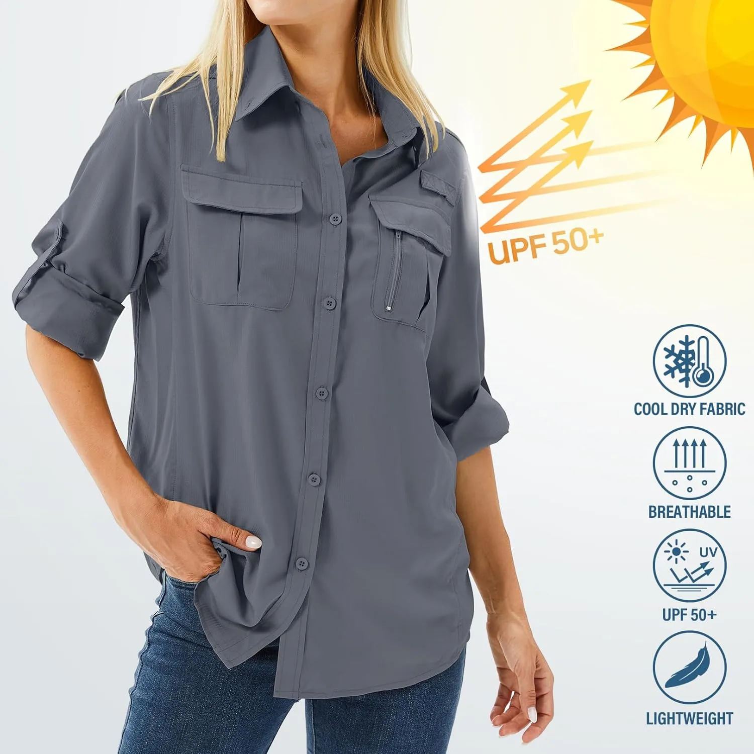 Women's UPF 50 Long Sleeve UV Sun Protection Safari Shirts Outdoor Quick Dry Fishing Hiking Travel Shirts