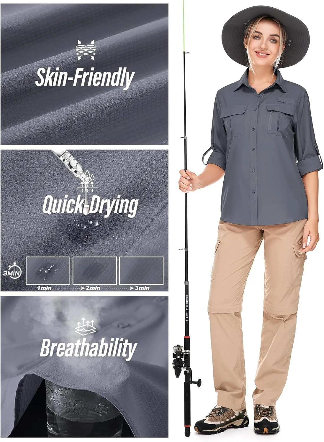 Women's UPF 50 Long Sleeve UV Sun Protection Safari Shirts Outdoor Quick Dry Fishing Hiking Travel Shirts