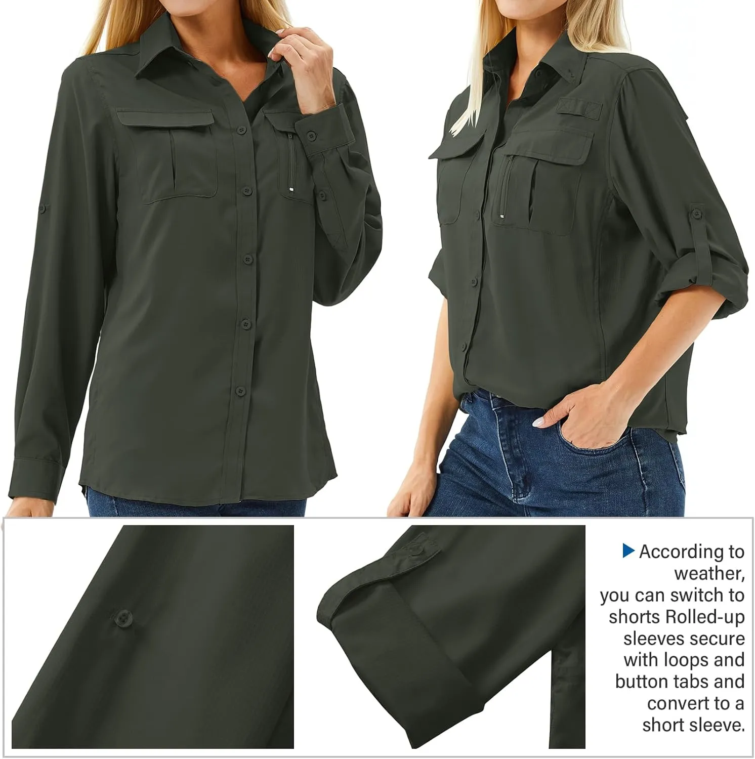 Women's UPF 50 Long Sleeve UV Sun Protection Safari Shirts Outdoor Quick Dry Fishing Hiking Travel Shirts
