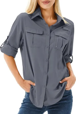 Women's UPF 50 Long Sleeve UV Sun Protection Safari Shirts Outdoor Quick Dry Fishing Hiking Travel Shirts