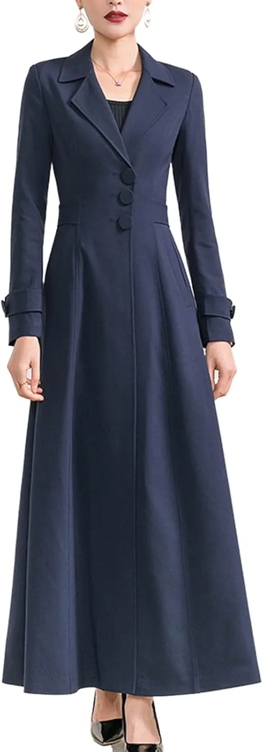 Womens Woolen Blend Ankle Length Lapel Long Maxi Trench Coat Jacket Parka Outwear Overcoat
