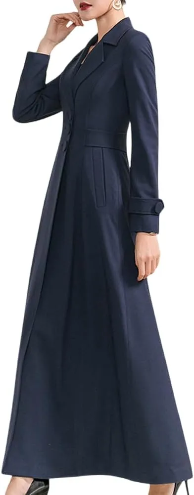 Womens Woolen Blend Ankle Length Lapel Long Maxi Trench Coat Jacket Parka Outwear Overcoat