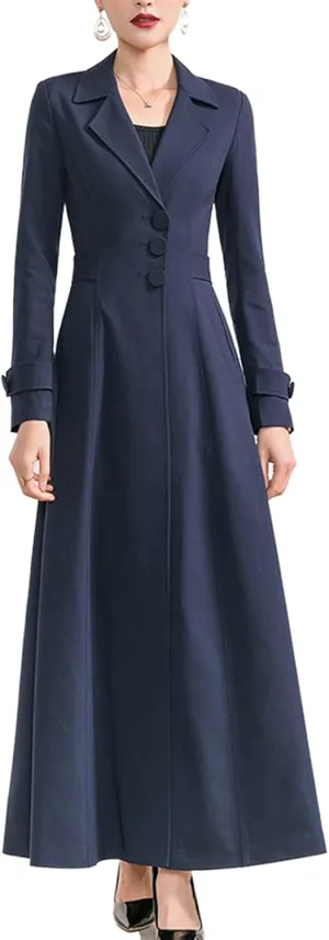 Womens Woolen Blend Ankle Length Lapel Long Maxi Trench Coat Jacket Parka Outwear Overcoat