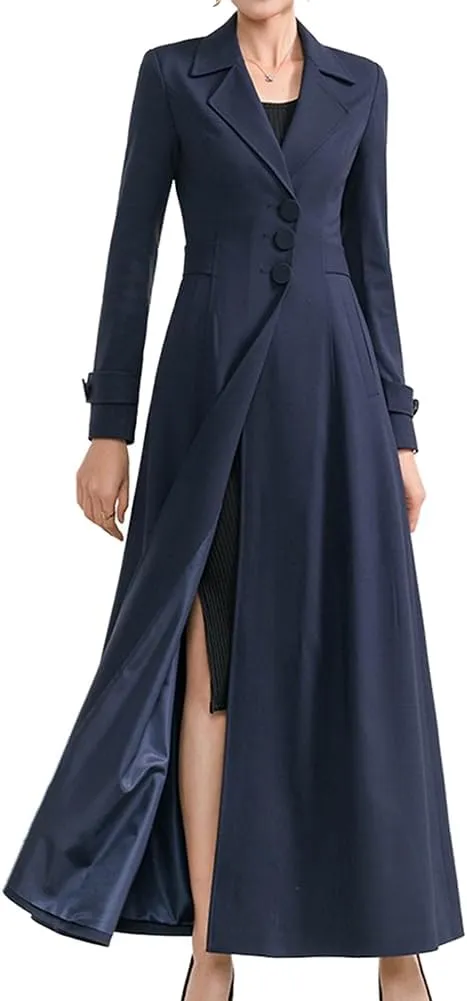 Womens Woolen Blend Ankle Length Lapel Long Maxi Trench Coat Jacket Parka Outwear Overcoat