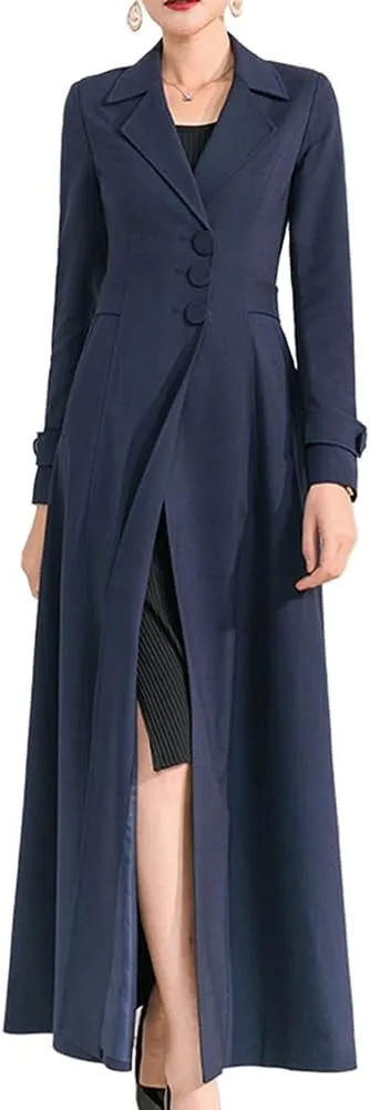 Womens Woolen Blend Ankle Length Lapel Long Maxi Trench Coat Jacket Parka Outwear Overcoat
