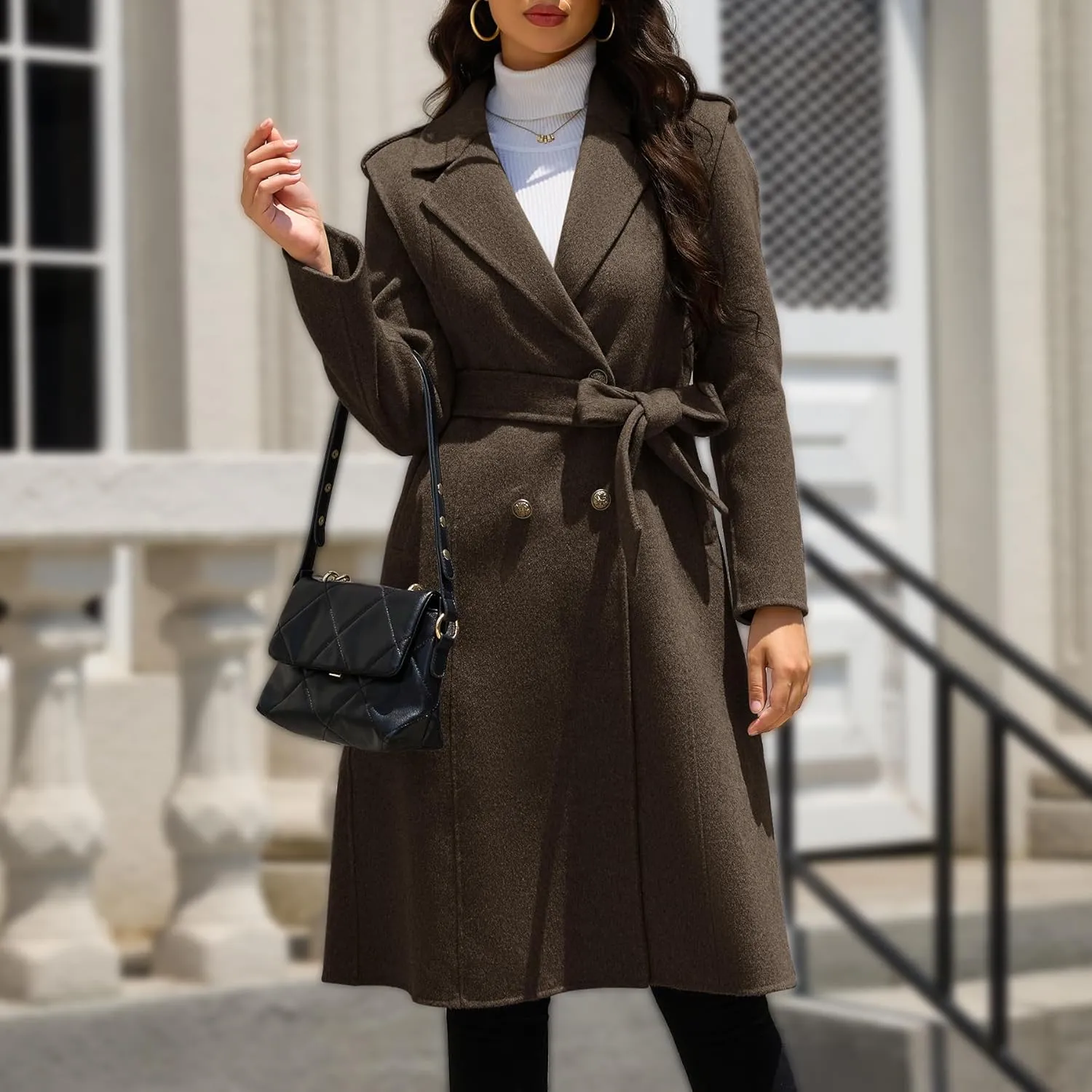 Wool Blend Wrap Coat Women's Superior 70% Wool Coat, Classy Long Wool Coat with Belt