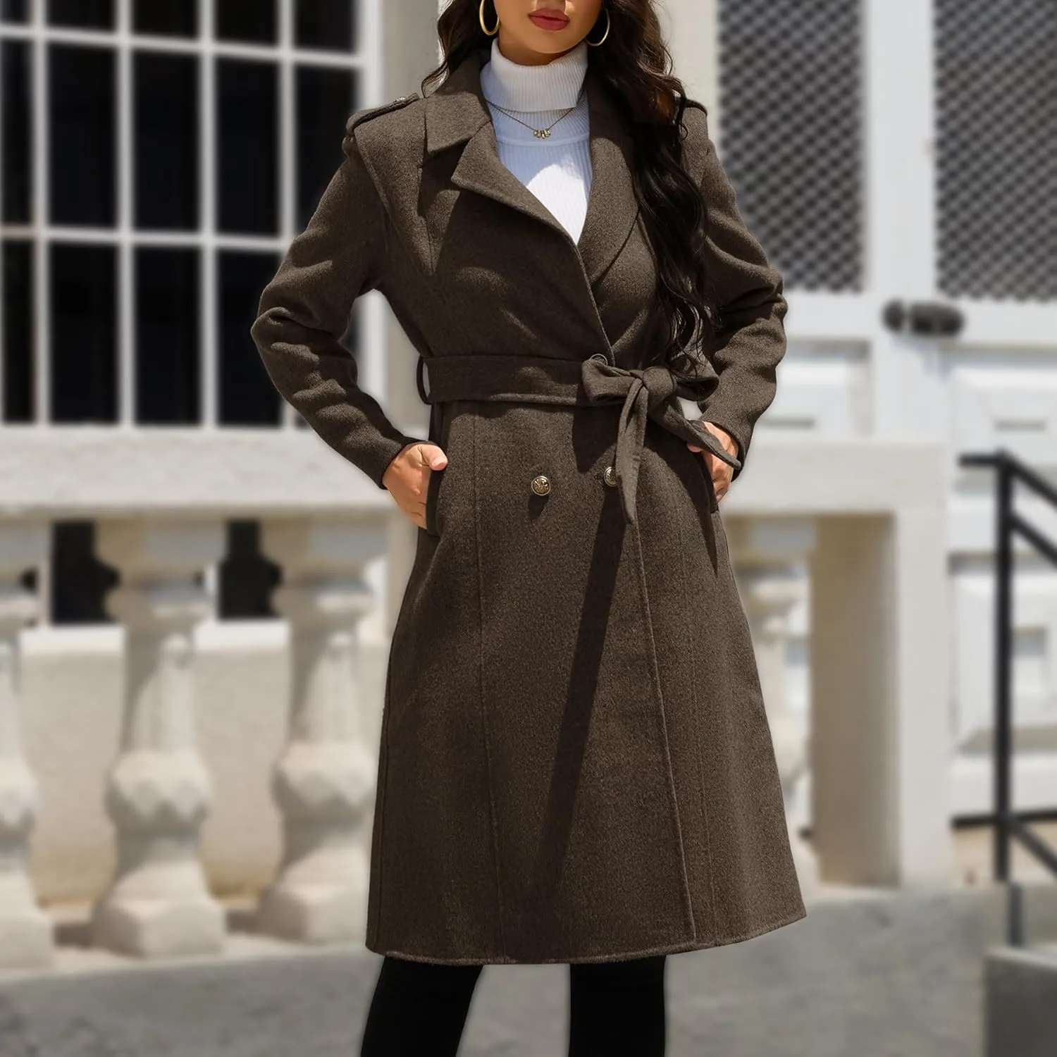 Wool Blend Wrap Coat Women's Superior 70% Wool Coat, Classy Long Wool Coat with Belt