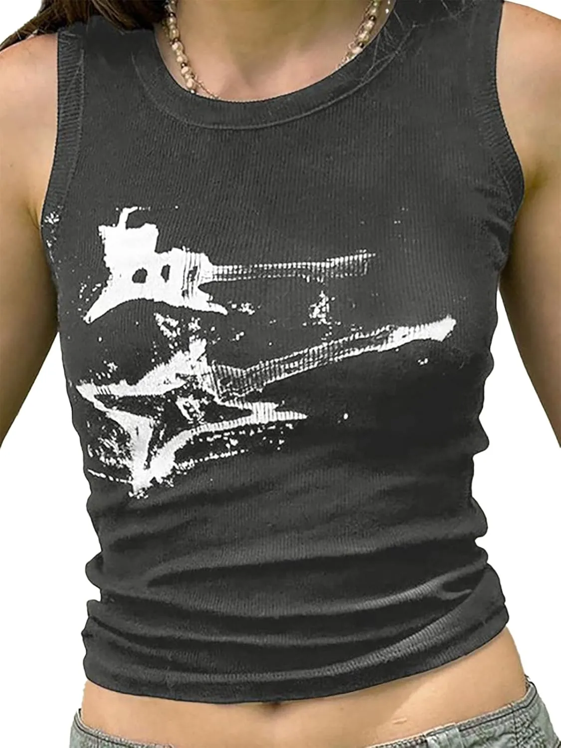 Xineicy Women's Star Sleeveless Crop Top Vintage Y2k Tops Round Neck Racerback Tank Tops Casual Tee