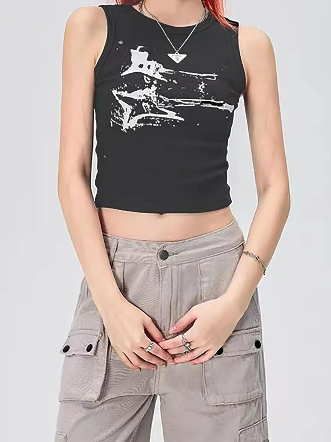 Xineicy Women's Star Sleeveless Crop Top Vintage Y2k Tops Round Neck Racerback Tank Tops Casual Tee