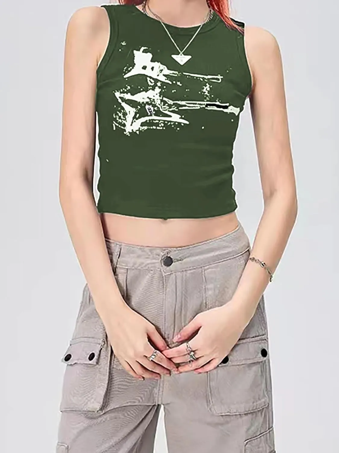 Xineicy Women's Star Sleeveless Crop Top Vintage Y2k Tops Round Neck Racerback Tank Tops Casual Tee