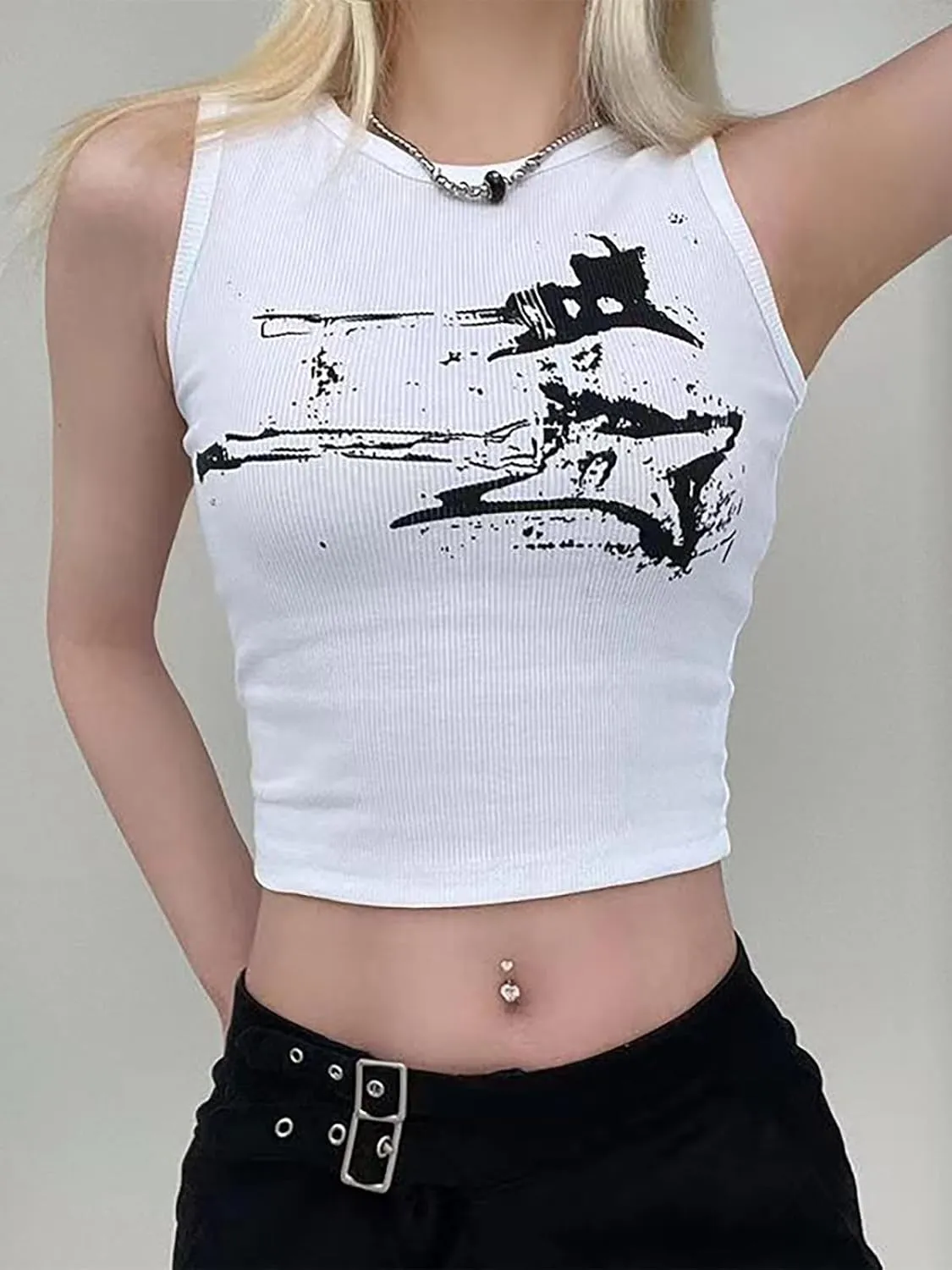 Xineicy Women's Star Sleeveless Crop Top Vintage Y2k Tops Round Neck Racerback Tank Tops Casual Tee