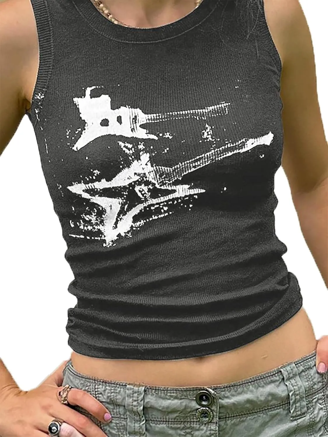 Xineicy Women's Star Sleeveless Crop Top Vintage Y2k Tops Round Neck Racerback Tank Tops Casual Tee