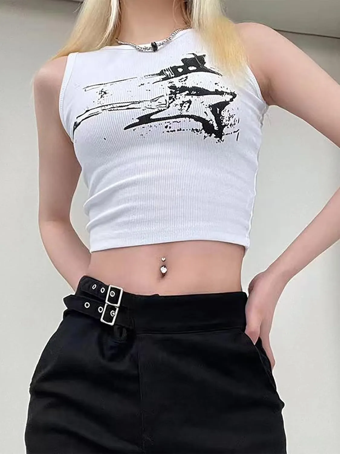 Xineicy Women's Star Sleeveless Crop Top Vintage Y2k Tops Round Neck Racerback Tank Tops Casual Tee