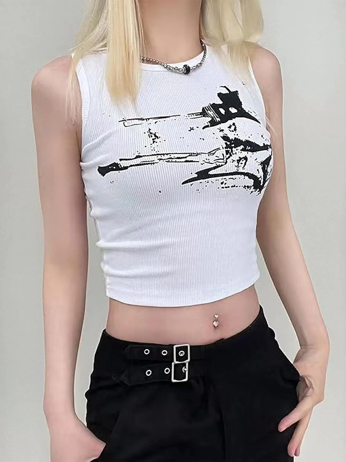 Xineicy Women's Star Sleeveless Crop Top Vintage Y2k Tops Round Neck Racerback Tank Tops Casual Tee