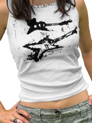Xineicy Women's Star Sleeveless Crop Top Vintage Y2k Tops Round Neck Racerback Tank Tops Casual Tee