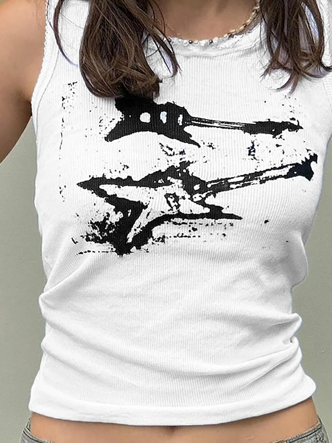 Xineicy Women's Star Sleeveless Crop Top Vintage Y2k Tops Round Neck Racerback Tank Tops Casual Tee