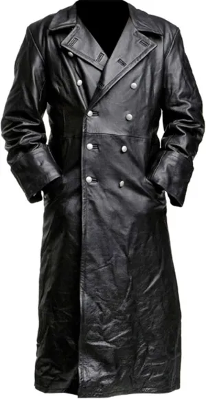 Yolo Jackets German Classic WWII Officer Genuine Leather Black Trench Coat - Military Uniform Black Leather Trench Coat