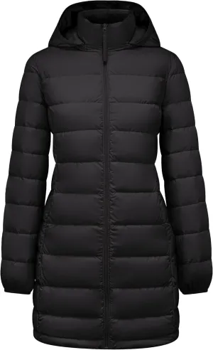 YZG Women's Warm Lightweight Long Down Jacket Warm Quilted Puffer Coat with Hood Removable
